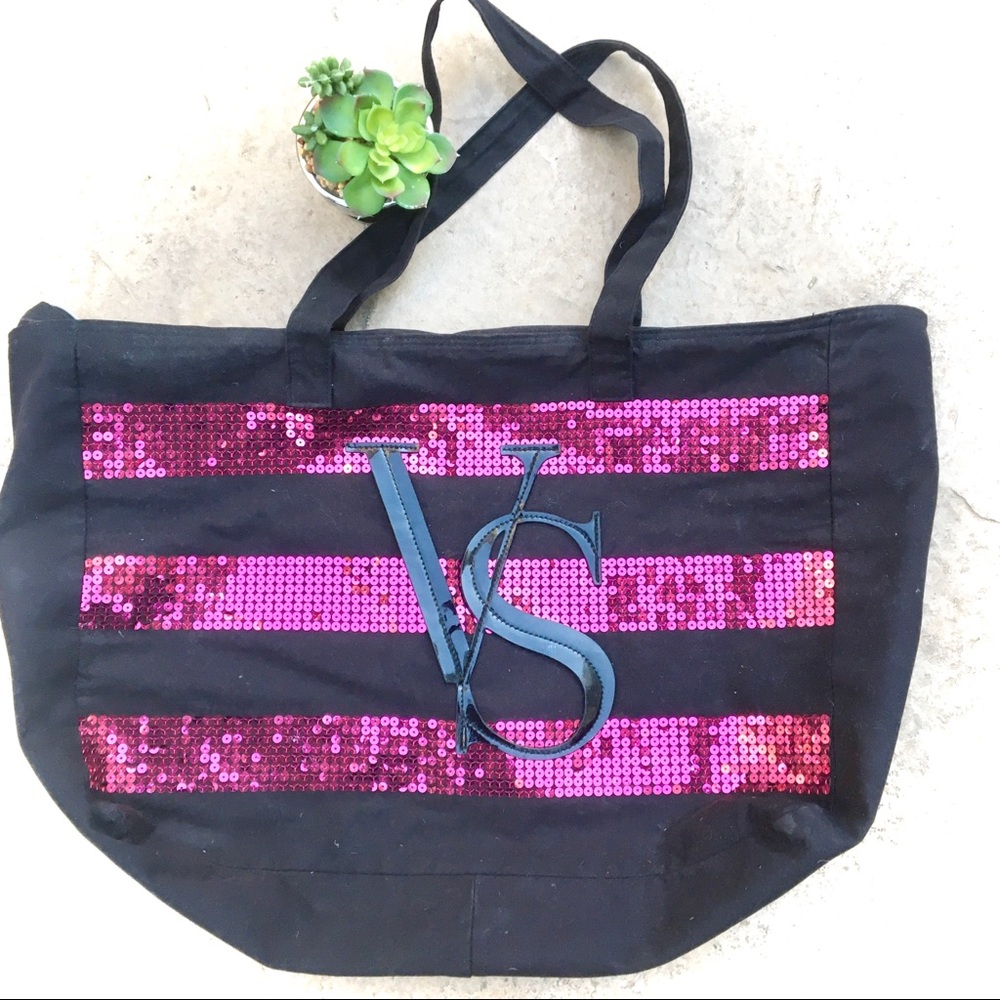 Victoria’s Secret Black Canvas Pink Sequin Tote